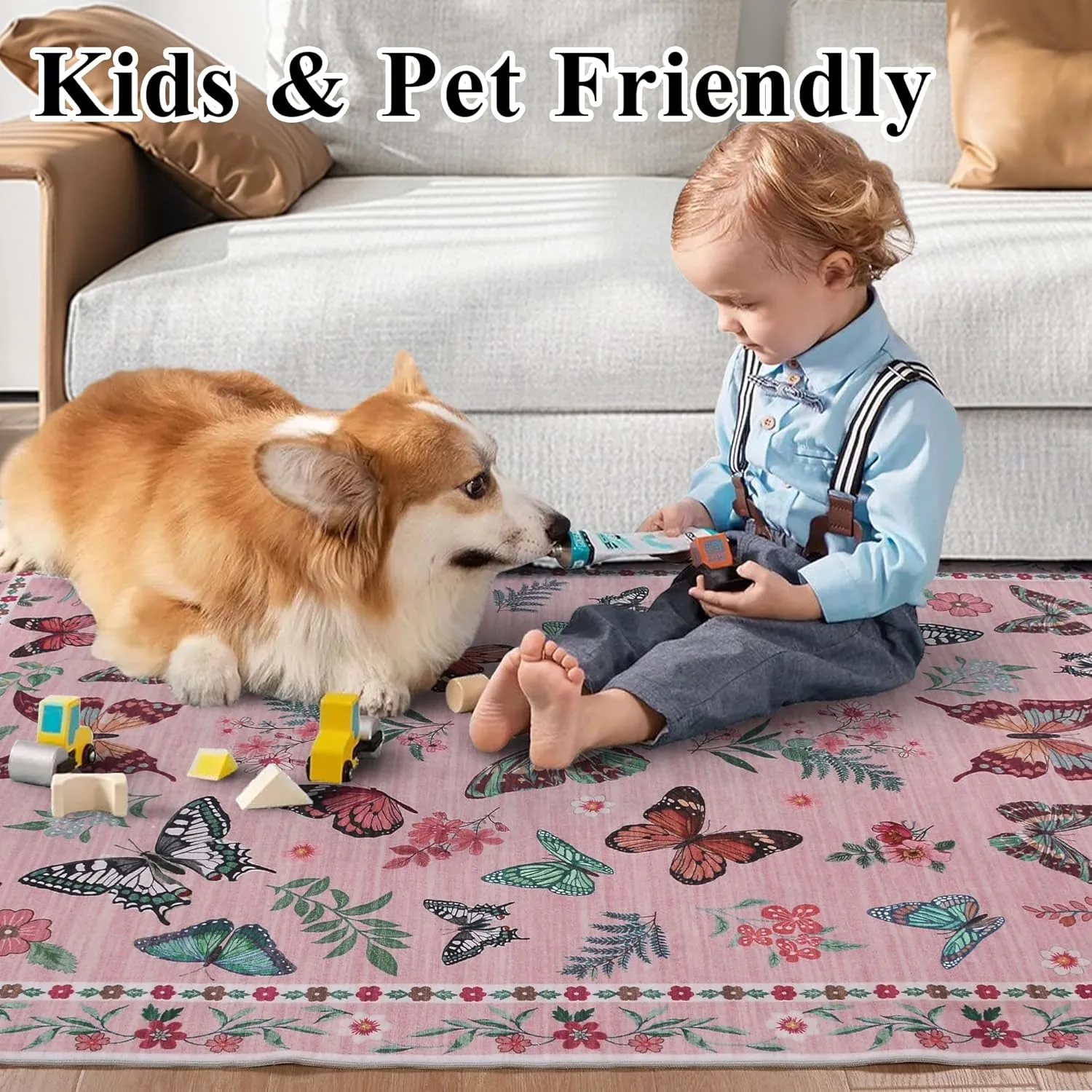 Insect Floral Area Rug for Living Room 5x7 Machine Washable Area Rug Non-Slip Low Pile Large Bedroom Rug Stain Resistant Throw Rug Carpet for Nursery Dining Room Kids Playroom Office Pink
