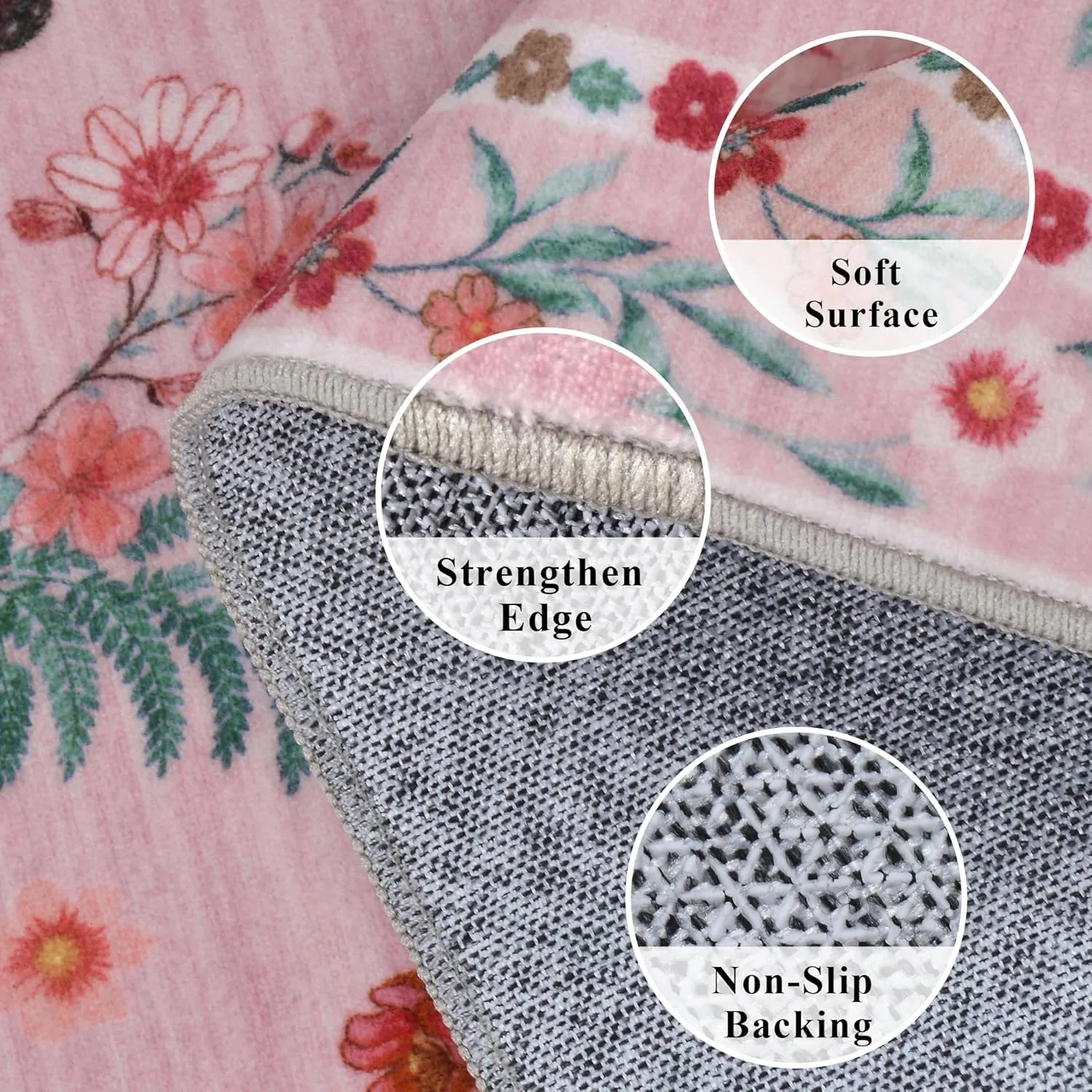 Insect Floral Area Rug for Living Room 5x7 Machine Washable Area Rug Non-Slip Low Pile Large Bedroom Rug Stain Resistant Throw Rug Carpet for Nursery Dining Room Kids Playroom Office Pink