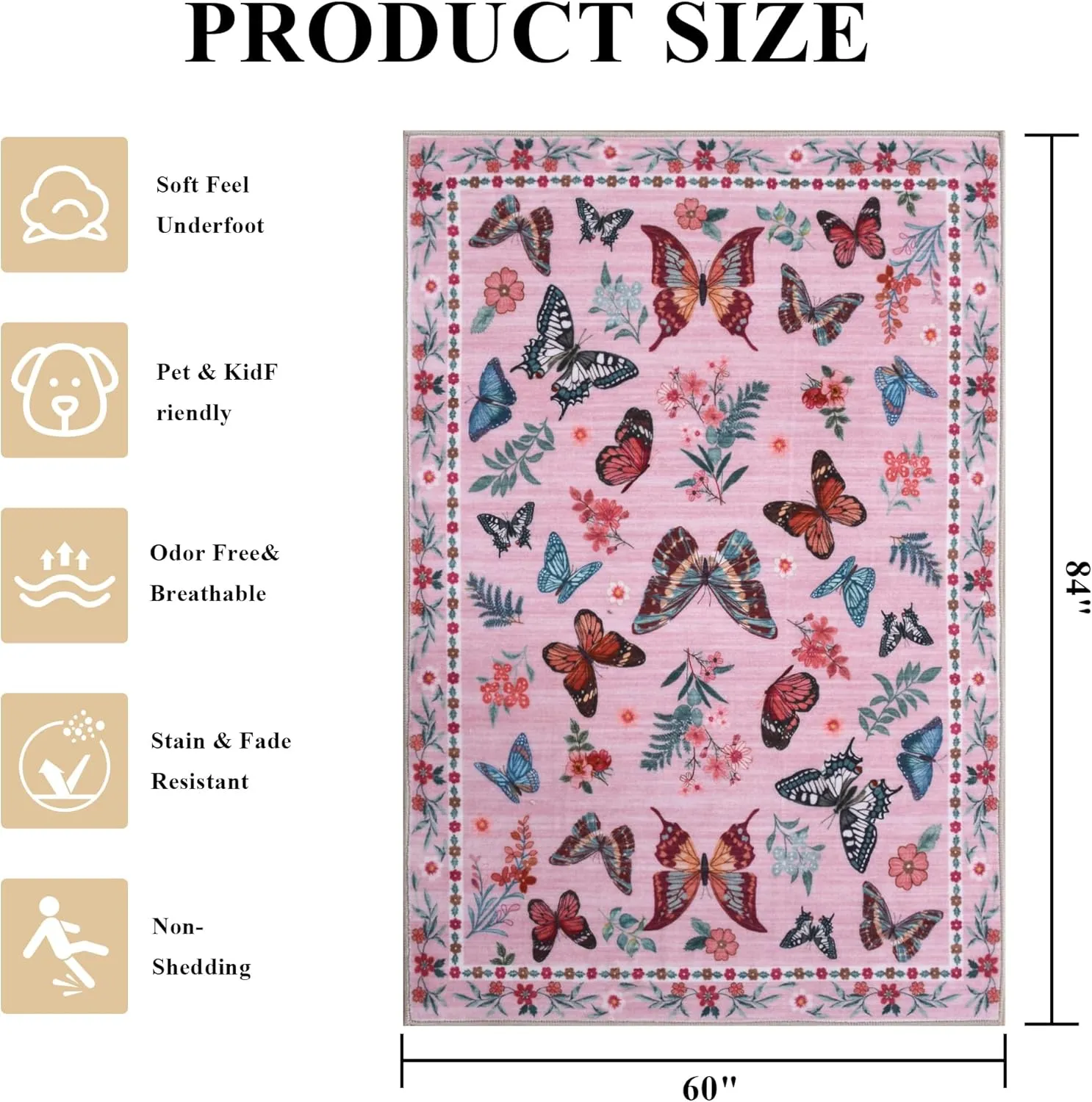 Insect Floral Area Rug for Living Room 5x7 Machine Washable Area Rug Non-Slip Low Pile Large Bedroom Rug Stain Resistant Throw Rug Carpet for Nursery Dining Room Kids Playroom Office Pink