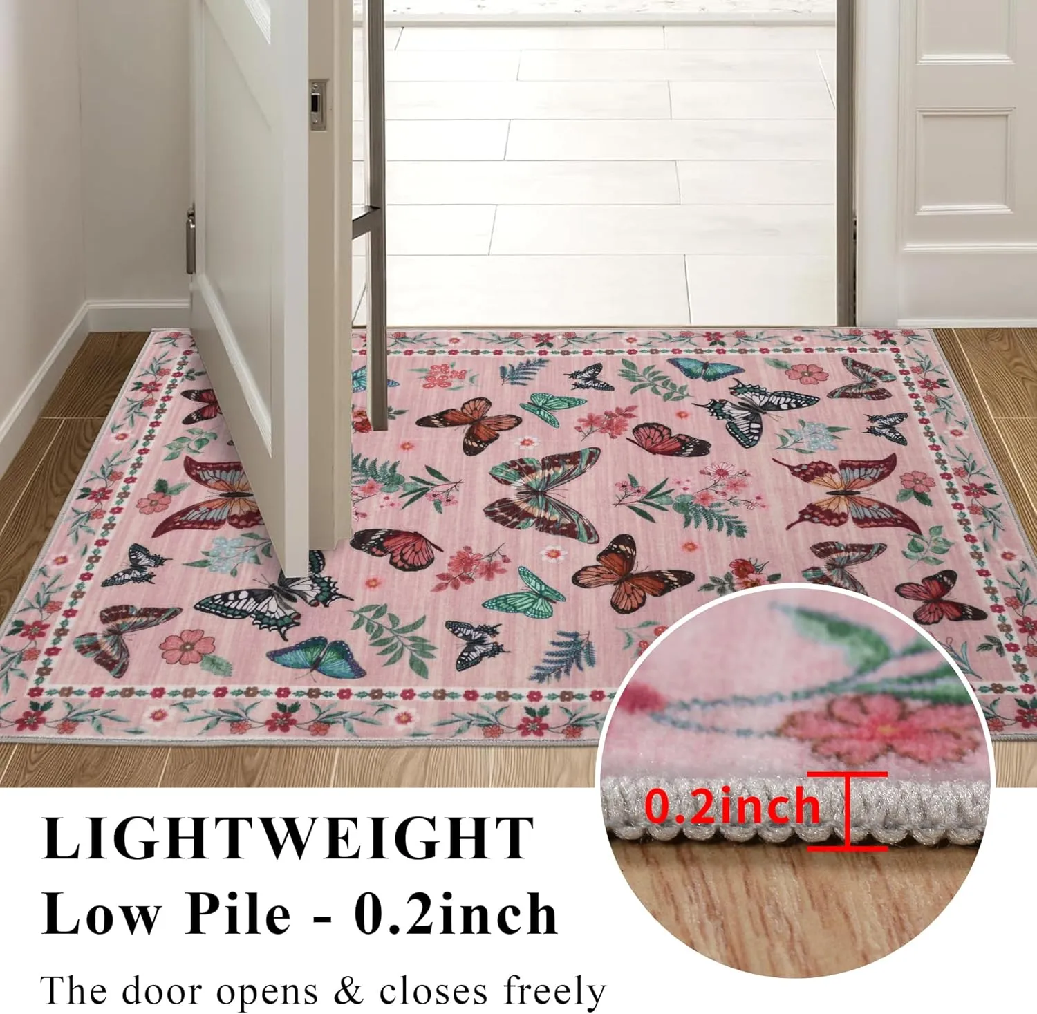Insect Floral Area Rug for Living Room 5x7 Machine Washable Area Rug Non-Slip Low Pile Large Bedroom Rug Stain Resistant Throw Rug Carpet for Nursery Dining Room Kids Playroom Office Pink