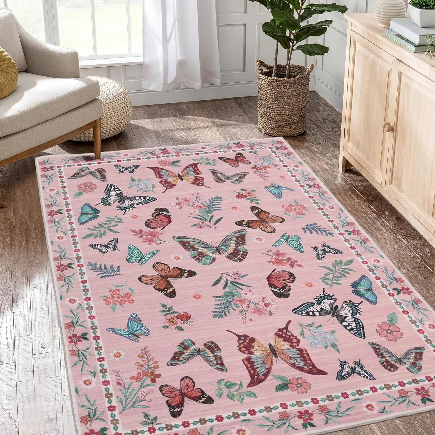 Insect Floral Area Rug for Living Room 5x7 Machine Washable Area Rug Non-Slip Low Pile Large Bedroom Rug Stain Resistant Throw Rug Carpet for Nursery Dining Room Kids Playroom Office Pink