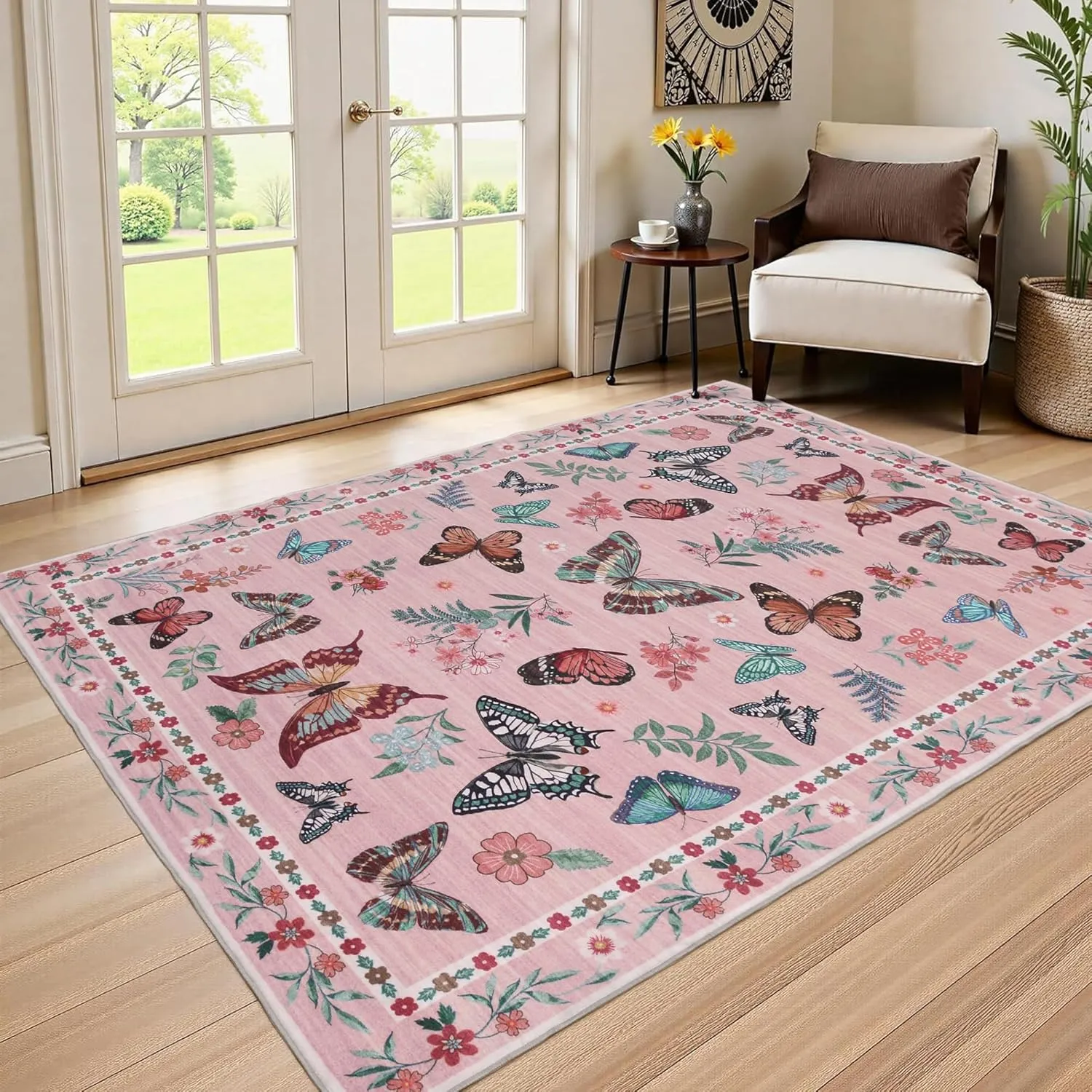 Insect Floral Area Rug for Living Room 5x7 Machine Washable Area Rug Non-Slip Low Pile Large Bedroom Rug Stain Resistant Throw Rug Carpet for Nursery Dining Room Kids Playroom Office Pink