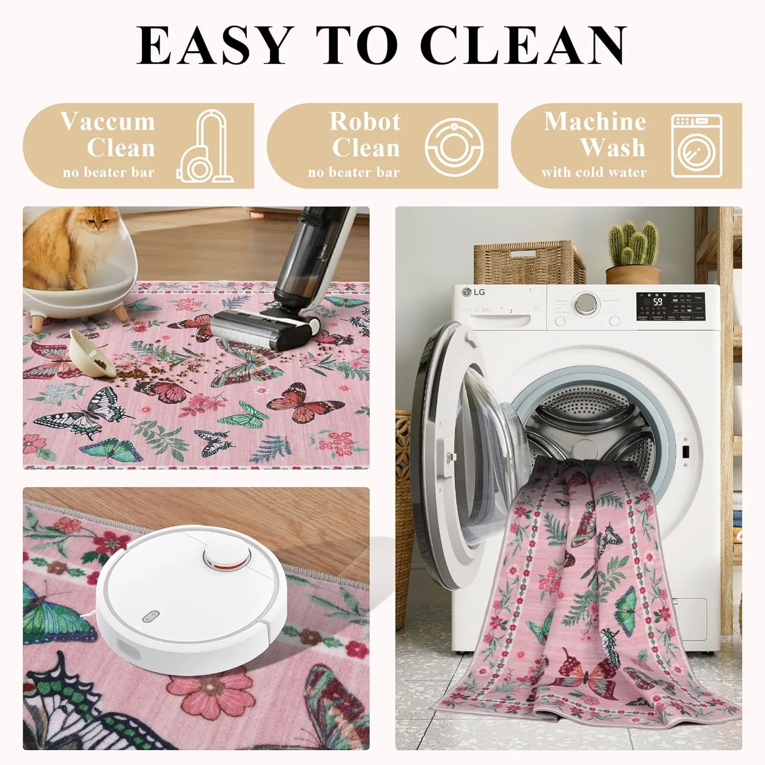 Insect Floral Area Rug for Living Room 5x7 Machine Washable Area Rug Non-Slip Low Pile Large Bedroom Rug Stain Resistant Throw Rug Carpet for Nursery Dining Room Kids Playroom Office Pink