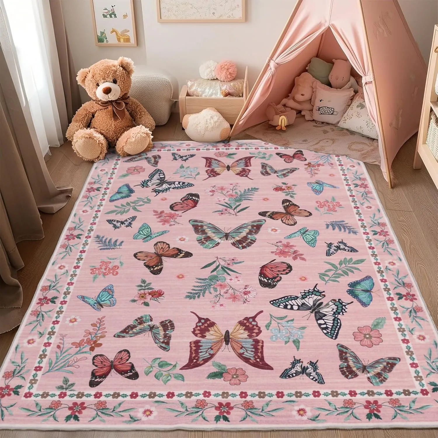 Insect Floral Area Rug for Living Room 5x7 Machine Washable Area Rug Non-Slip Low Pile Large Bedroom Rug Stain Resistant Throw Rug Carpet for Nursery Dining Room Kids Playroom Office Pink
