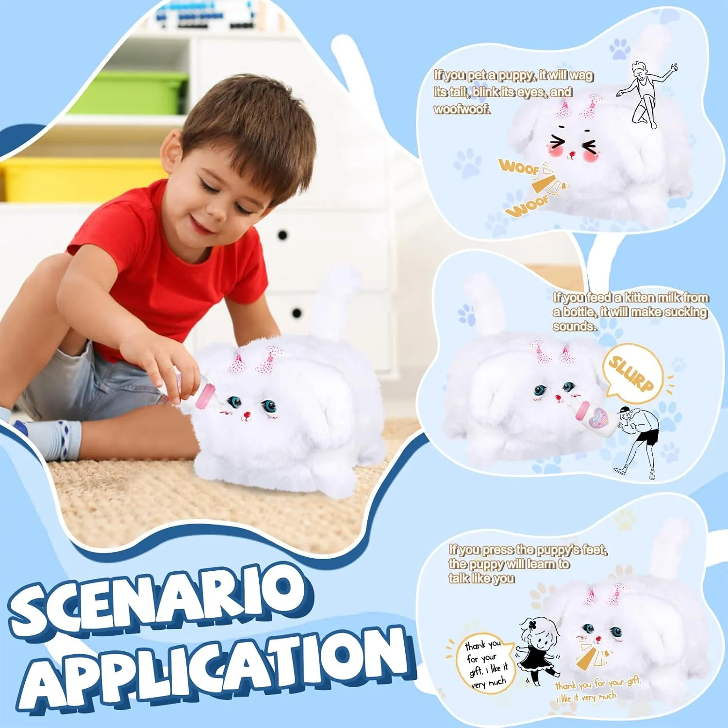 Interactive Dog Toys for Kids 3-7, Plush Toy Dogs That Barks, Blink and Talk, Children's Toy Puppy with Pet Waterer, Milk Bottle and Pet Bowl, Creative for Boys and Girls
