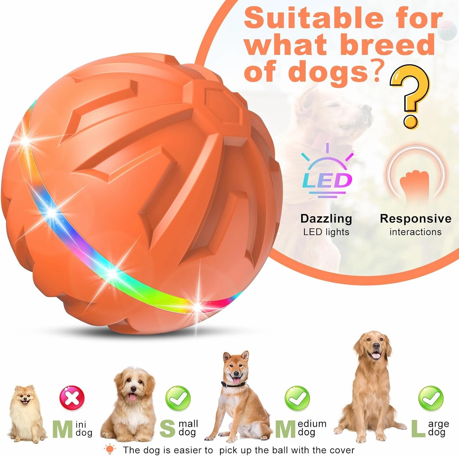 Interactive Dog Toy - Ultra Ball With Remote Control LED Light, Active Rolling Ball for Medium Large Dogs, Automatic Moving, Durable Rubber Peppy Pet Toy for Boredom, 3.2-in Orange