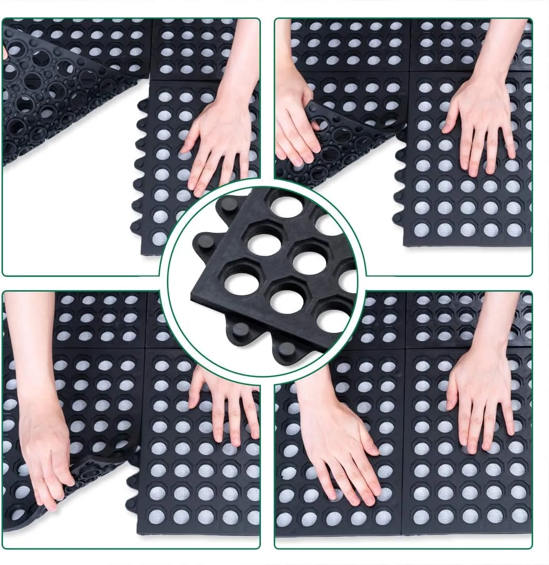 Interlocking Rubber Mats for Floor Anti Fatigue Kitchen Mats 9 Pack 11.8" x 11.8" Modular Rubber Interlocking Floor Tiles, Pool Balcony Patio Yard Pet Area Use Restaurant Rubber Bar Floor Mat Black