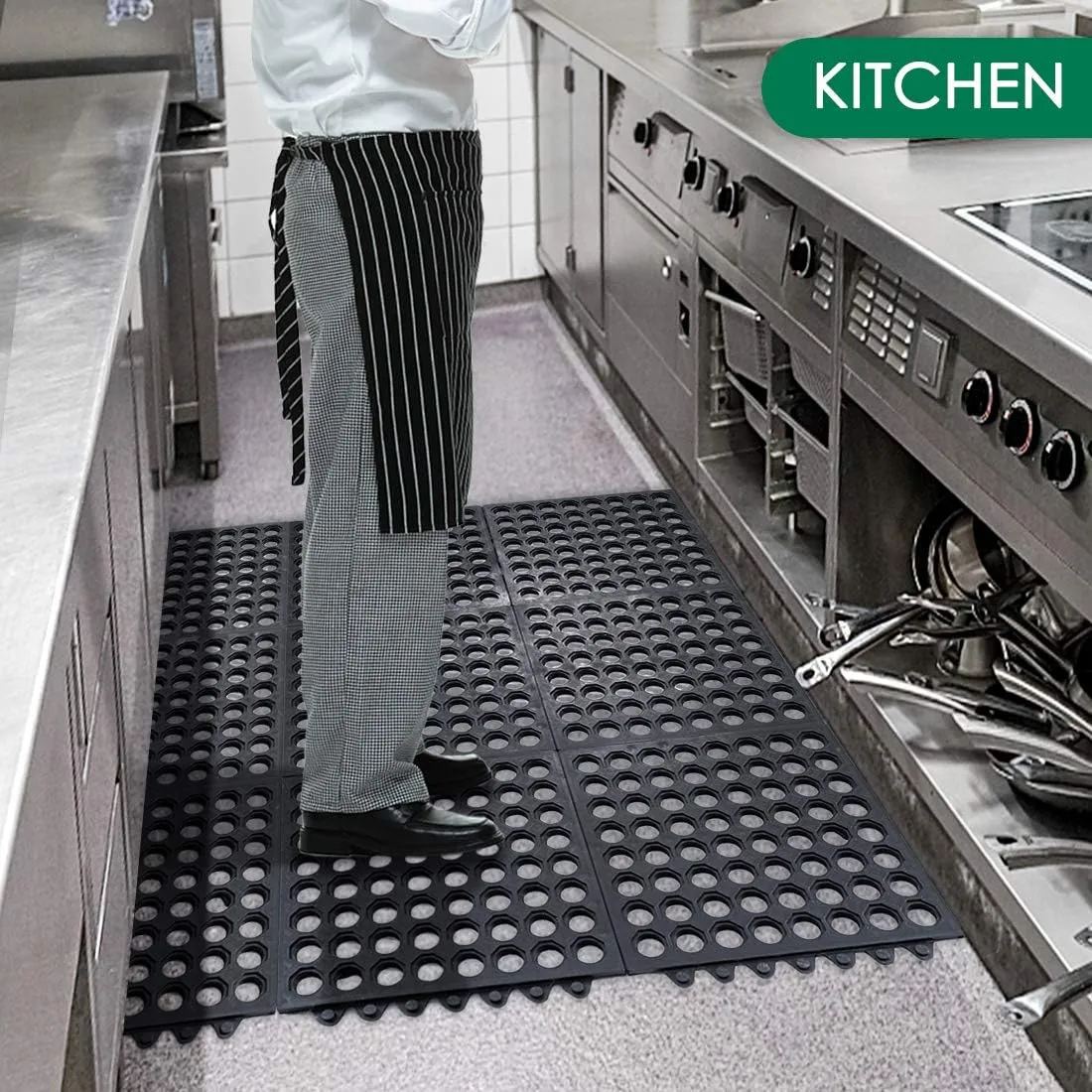 Interlocking Rubber Mats for Floor Anti Fatigue Kitchen Mats 9 Pack 11.8" x 11.8" Modular Rubber Interlocking Floor Tiles, Pool Balcony Patio Yard Pet Area Use Restaurant Rubber Bar Floor Mat Black
