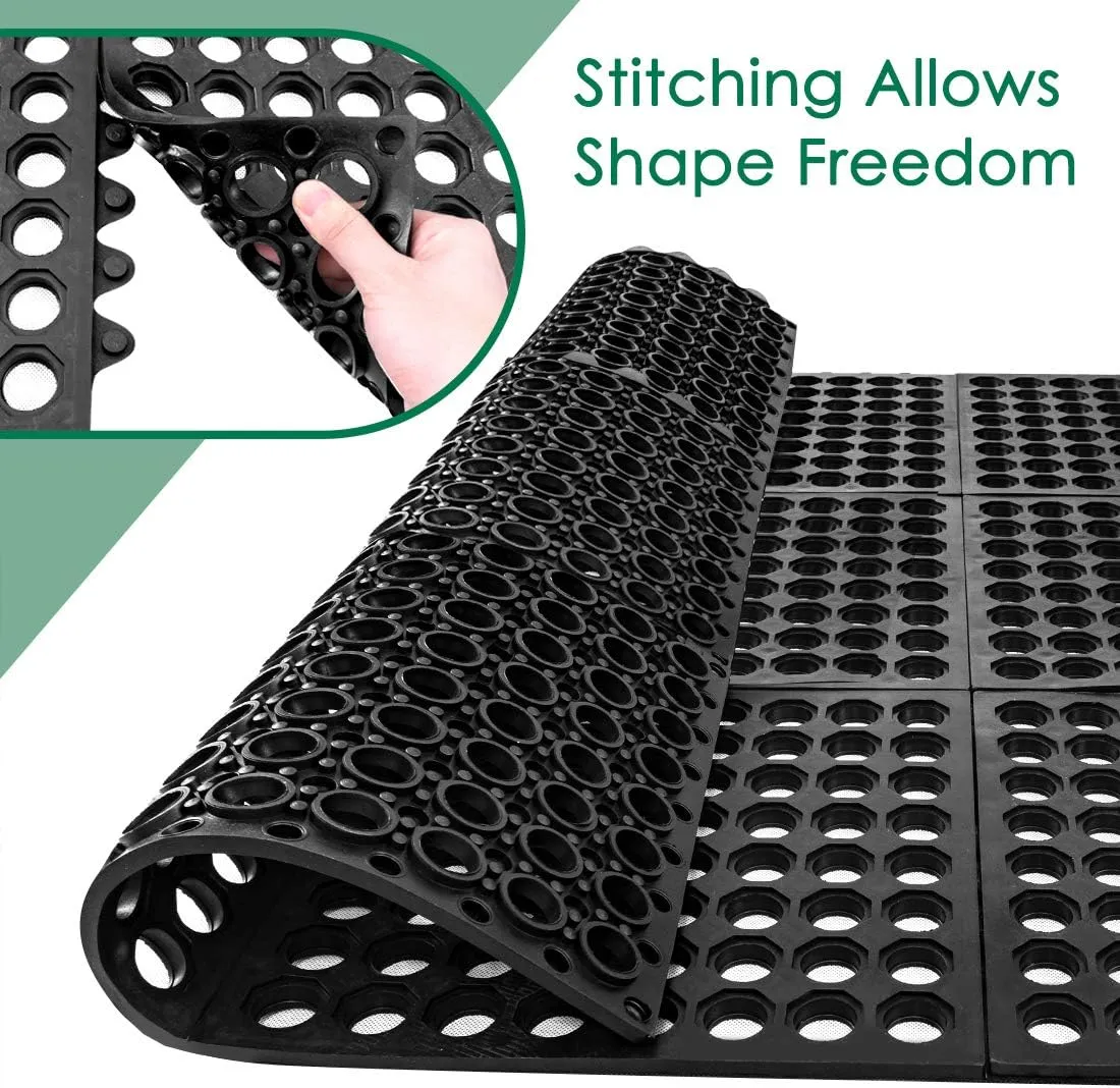 Interlocking Rubber Mats for Floor Anti Fatigue Kitchen Mats 9 Pack 11.8" x 11.8" Modular Rubber Interlocking Floor Tiles, Pool Balcony Patio Yard Pet Area Use Restaurant Rubber Bar Floor Mat Black