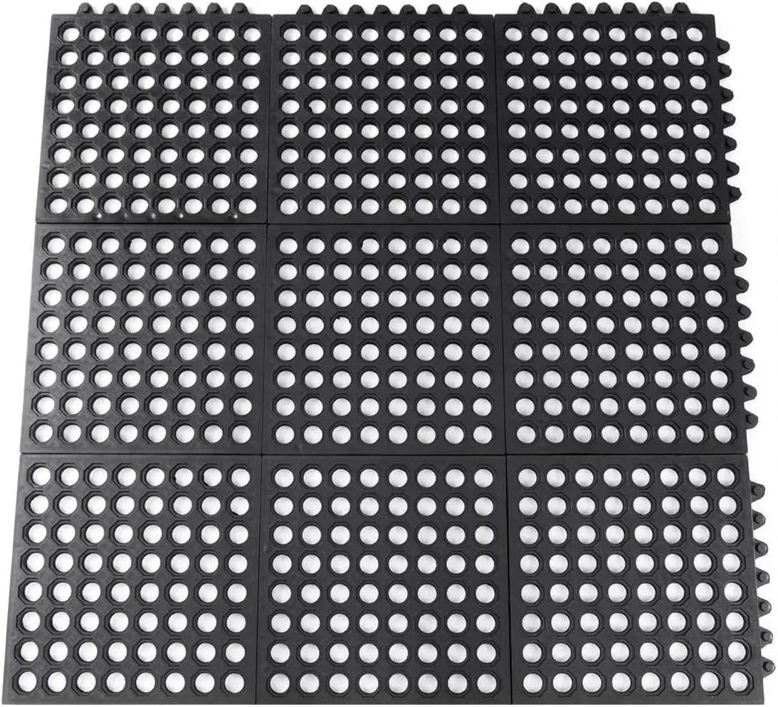 Interlocking Rubber Mats for Floor Anti Fatigue Kitchen Mats 9 Pack 11.8" x 11.8" Modular Rubber Interlocking Floor Tiles, Pool Balcony Patio Yard Pet Area Use Restaurant Rubber Bar Floor Mat Black