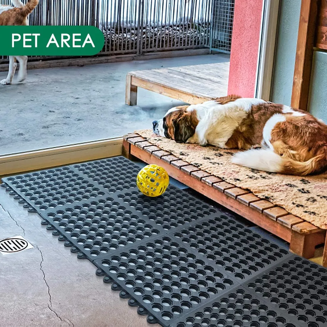 Interlocking Rubber Mats for Floor Anti Fatigue Kitchen Mats 9 Pack 11.8" x 11.8" Modular Rubber Interlocking Floor Tiles, Pool Balcony Patio Yard Pet Area Use Restaurant Rubber Bar Floor Mat Black