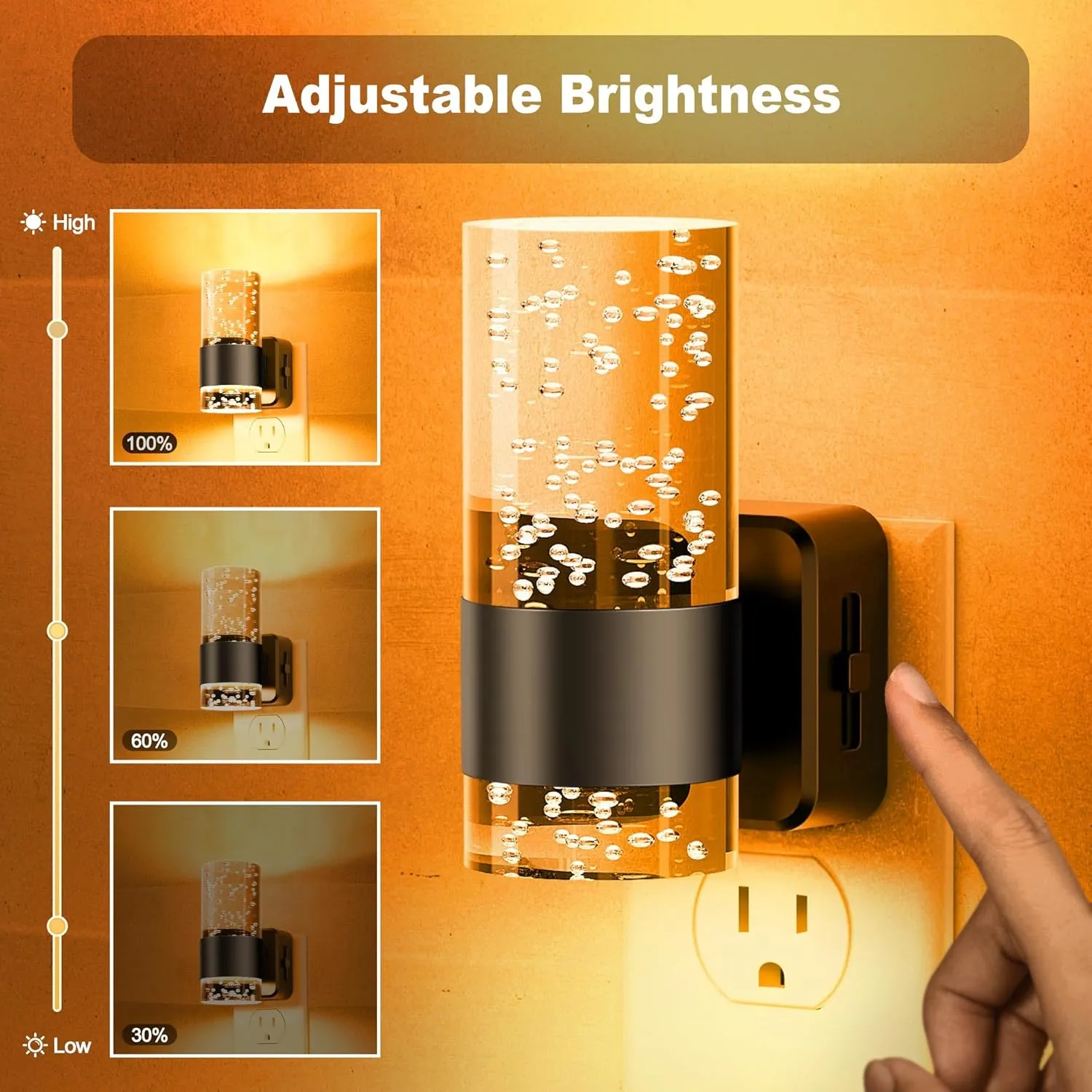 JandCase Night Light, Automatic Night Lights Plug into Wall, 2 Pack Dimmable LED Night Light with Adjustable Brightness, Night Lights Plug in with Auto Light Sensor, Amber for Bathroom Hallway Decor