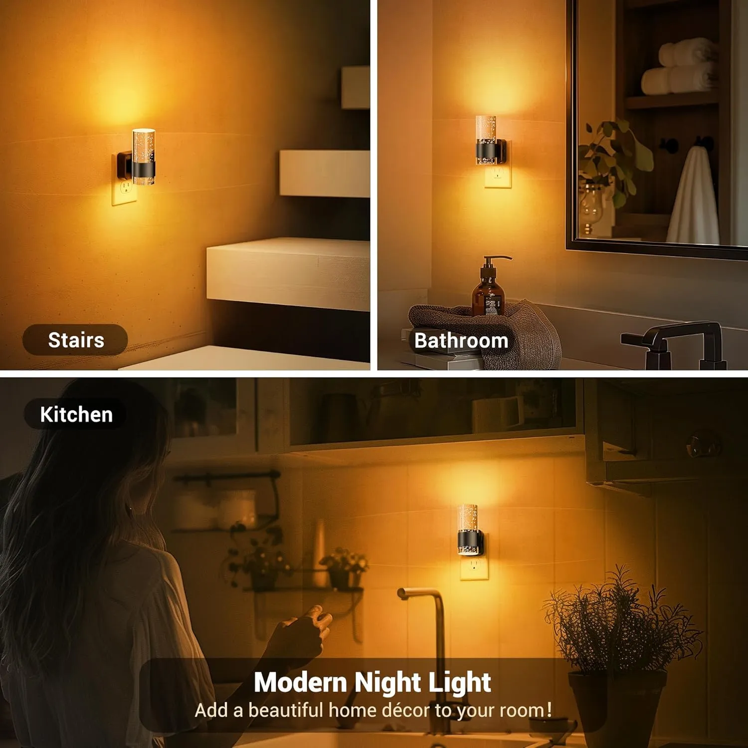 JandCase Night Light, Automatic Night Lights Plug into Wall, 2 Pack Dimmable LED Night Light with Adjustable Brightness, Night Lights Plug in with Auto Light Sensor, Amber for Bathroom Hallway Decor
