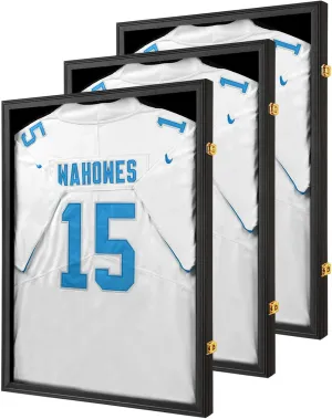 Jersey Frame Display Case 3 Pack-Wood Jersey Display Shadow Box- Lockable Jersey Frame with 2 Wall Hangers and UV Protected Acrylic for Football Baseball Basketball Jersey-Black