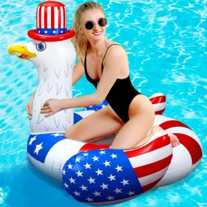 Jetec 2 Pcs 4th of July Giant Inflatable Pool Floats Patriotic Swim Tubes Ring Red White Blue Inflatable Pool Rafts Summer Beach Pool Party Supplies Swimming Party Decor for Independence Day