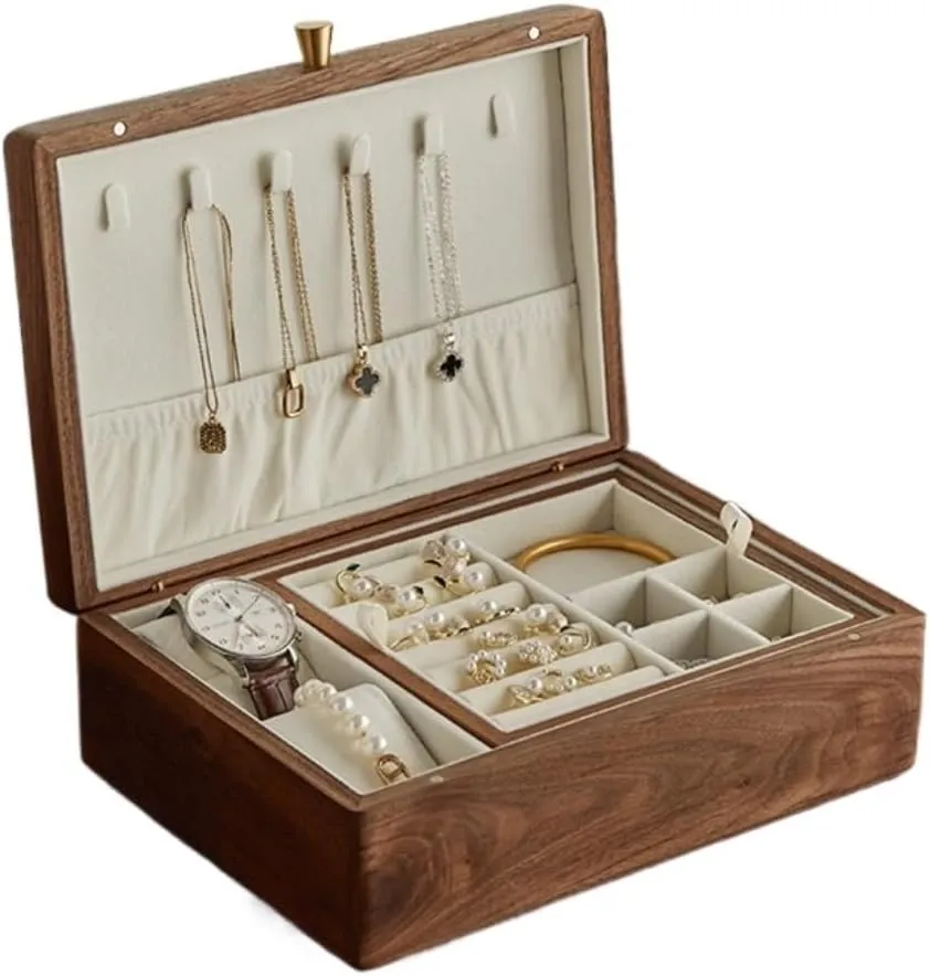 Jewelry Storage Box Simple Light Luxury Necklace Watch Black Walnut Wood Jewelry Box Solid Wood Jewelry Anti-oxidation Storage Box Girls' Christmas Gift(White)