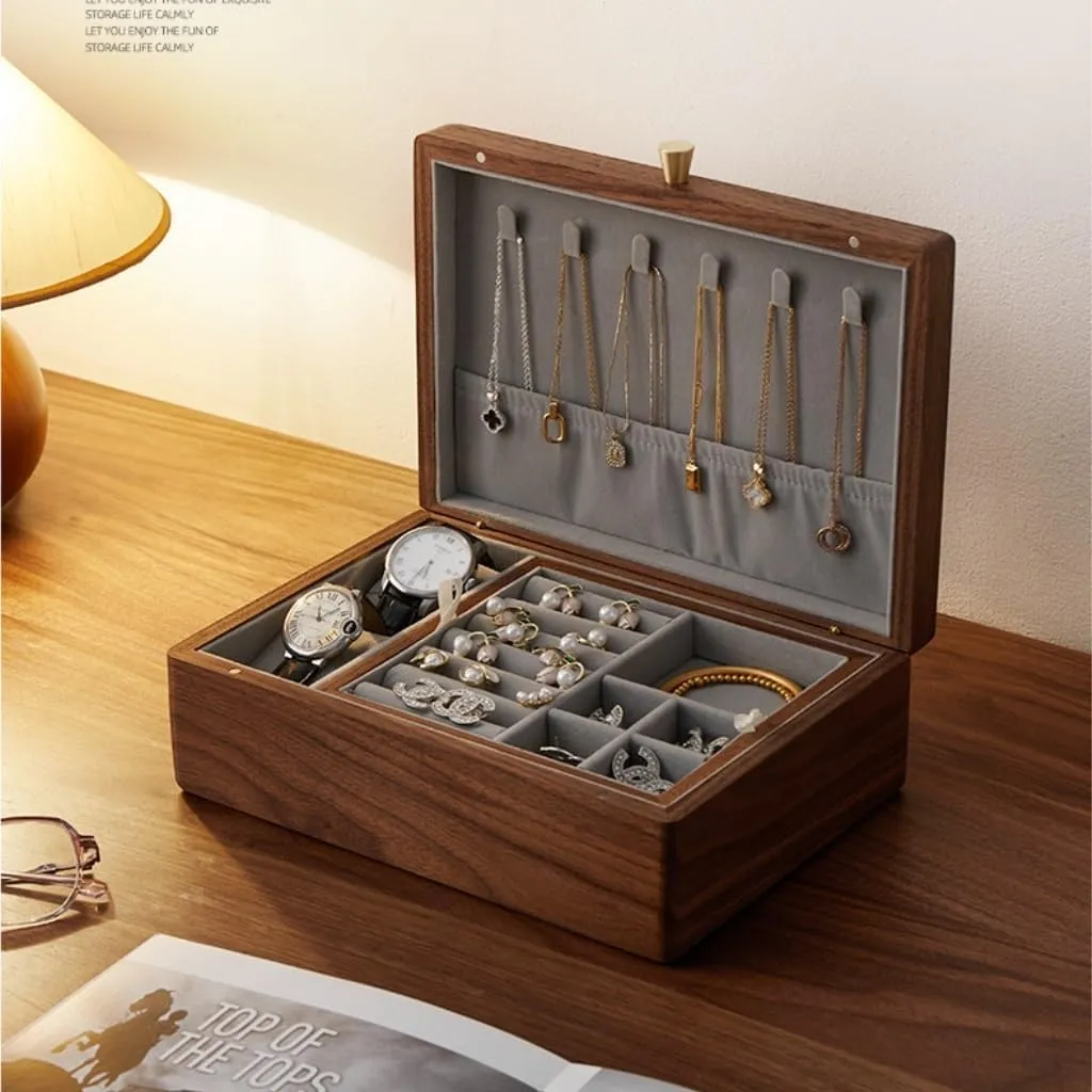Jewelry Storage Box Simple Light Luxury Necklace Watch Black Walnut Wood Jewelry Box Solid Wood Jewelry Anti-oxidation Storage Box Girls' Christmas Gift(White)