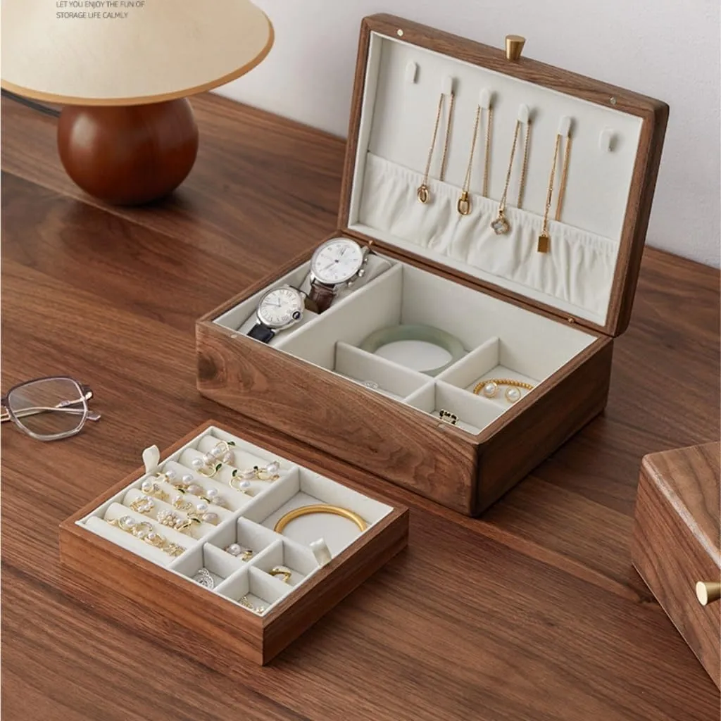 Jewelry Storage Box Simple Light Luxury Necklace Watch Black Walnut Wood Jewelry Box Solid Wood Jewelry Anti-oxidation Storage Box Girls' Christmas Gift(White)
