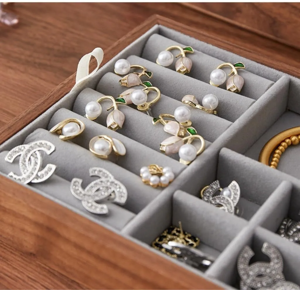 Jewelry Storage Box Simple Light Luxury Necklace Watch Black Walnut Wood Jewelry Box Solid Wood Jewelry Anti-oxidation Storage Box Girls' Christmas Gift(White)