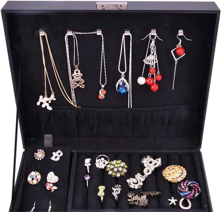 Jewelry Storage Case Jewelry Box Double Storage Jewelry Box Watch Storage Solid Wood Paste Belt Lock Simple Jewelry Ring Holder(Black)