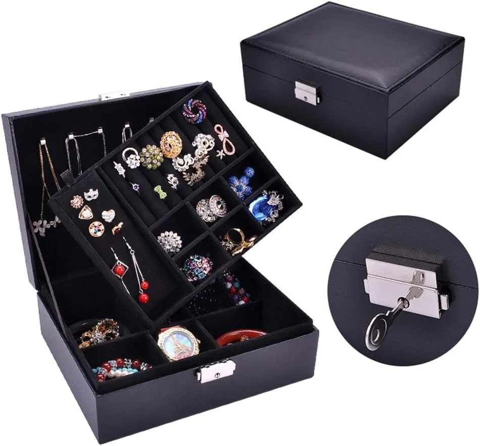 Jewelry Storage Case Jewelry Box Double Storage Jewelry Box Watch Storage Solid Wood Paste Belt Lock Simple Jewelry Ring Holder(Black)