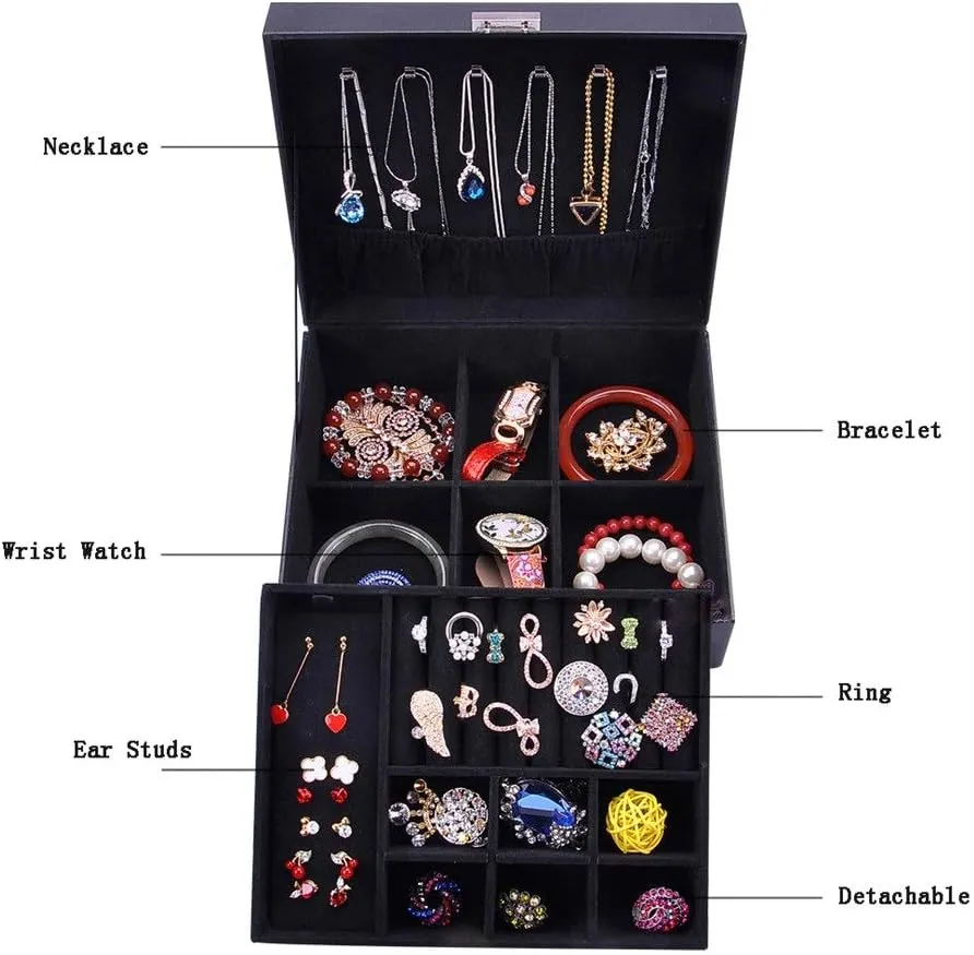 Jewelry Storage Case Jewelry Box Double Storage Jewelry Box Watch Storage Solid Wood Paste Belt Lock Simple Jewelry Ring Holder(Black)