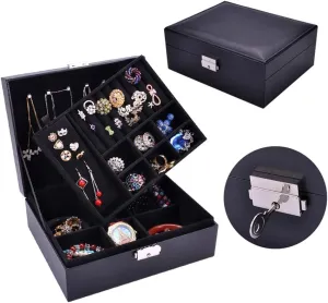 Jewelry Storage Case Jewelry Box Double Storage Jewelry Box Watch Storage Solid Wood Paste Belt Lock Simple Jewelry Ring Holder(Black)