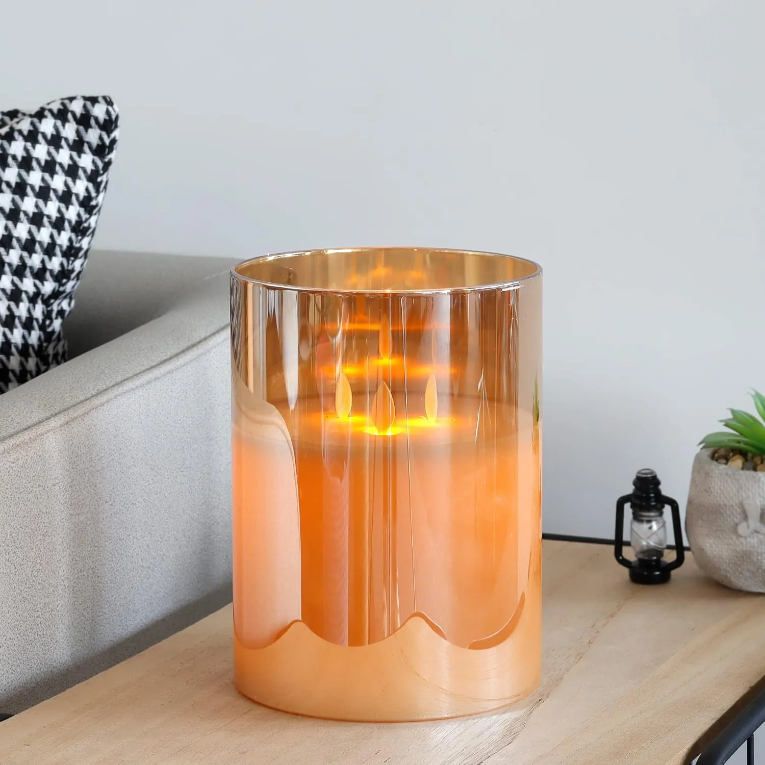 JHY DESIGN Large 3-Wick Glass Flameless Candles 8''H Battery Operated Dancing Flame Flickering LED Pillar Candles with 6-Hour Timer Real Wax Candles for Home Wedding Party Festival（Gold）