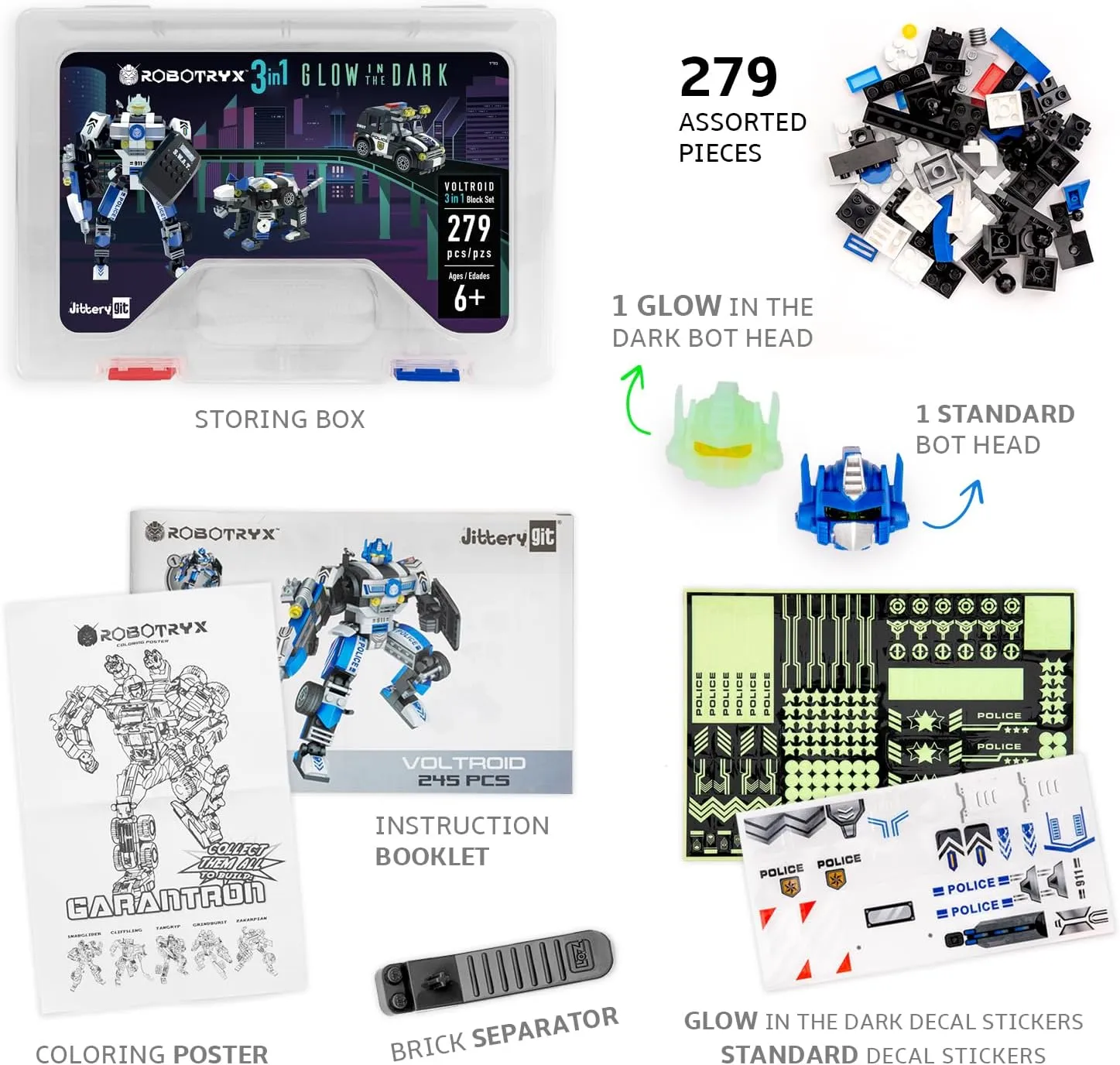 JITTERYGIT Robot Police Mech Glow in The Dark Toy Cop Gift, SWAT Action Figure Buildable STEM Building Superheroes Soldier - Cool Present for Boys, Girls, Kids, Children Ages 6 7 8 9 10 Year Olds