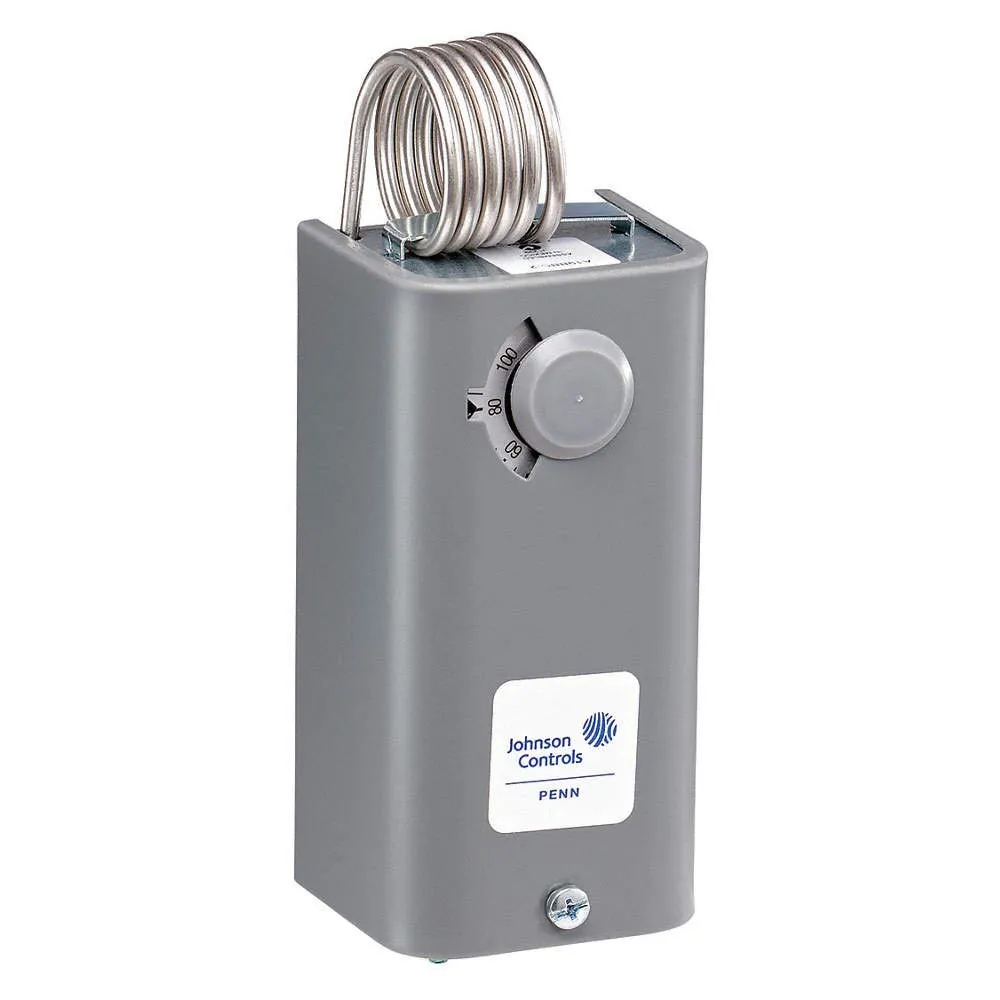 JOHNSON CONTROLS A19BBC-2 1 3/8" X 2 1/4" COILED BULB AND CAPILLARY, 24 TO 277VAC, -30 TO 100 DEGREE F SETPOINT RANGE, 3-12 DEGREE F ADJUSTABLE DIFFERENTIAL, AUTOMATIC RESET, COILED BULB SPACE TEMPERA