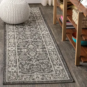 JONATHAN Y SMB103C-28 Palazzo Vine and Border Textured Weave Indoor Outdoor Runner Rug Coastal Bohemian Rustic Glam Easy Cleaning Bedroom Kitchen Backyard Patio Non Shedding, 2 X 8, Black/Gray