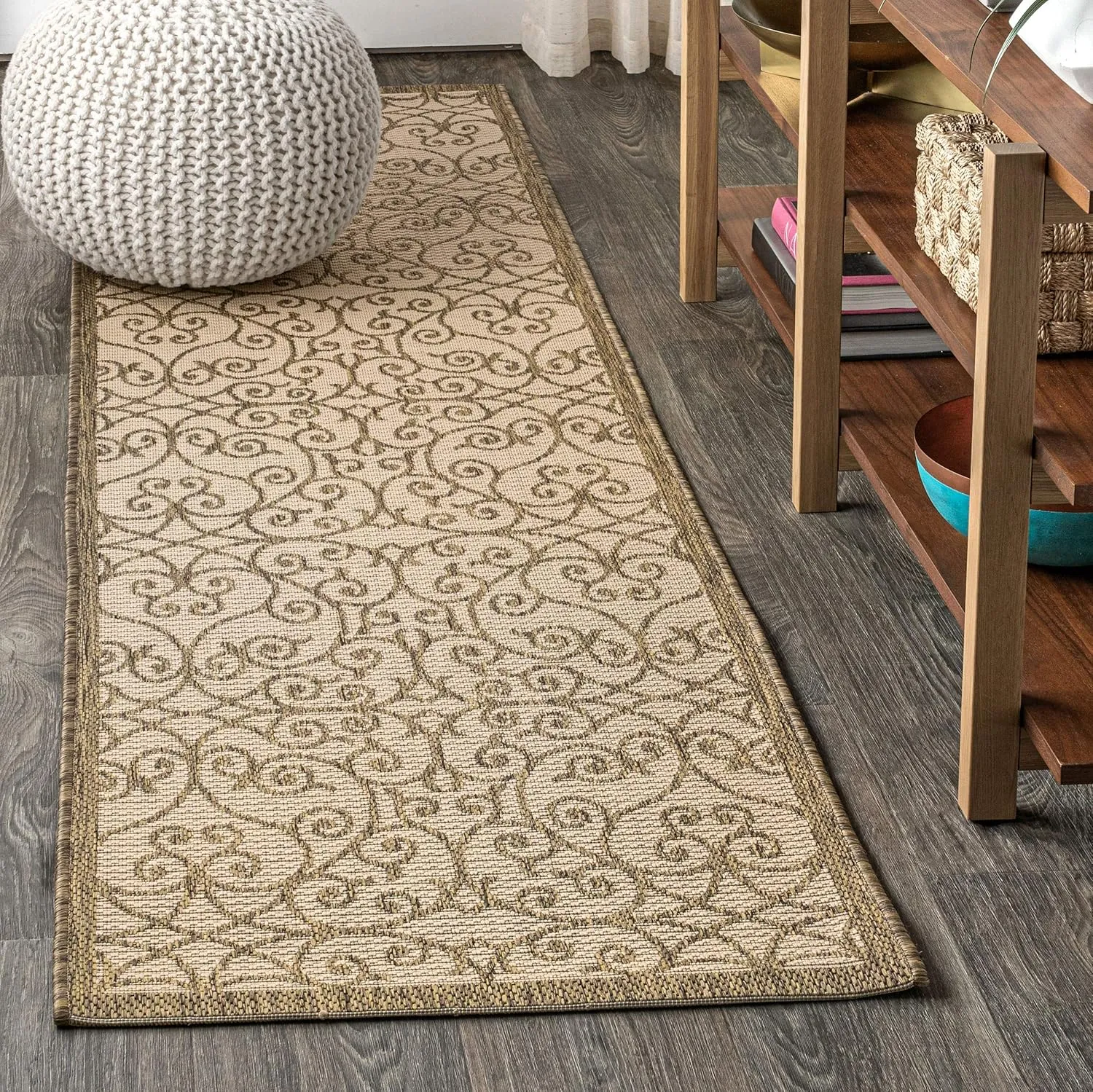 JONATHAN Y SMB107B-28 Madrid Vintage Filigree Textured Weave Indoor Outdoor Runner Rug Classic Coastal Easy-Cleaning Bedroom Kitchen Backyard Patio Non Shedding, 2 X 8, Beige/Brown