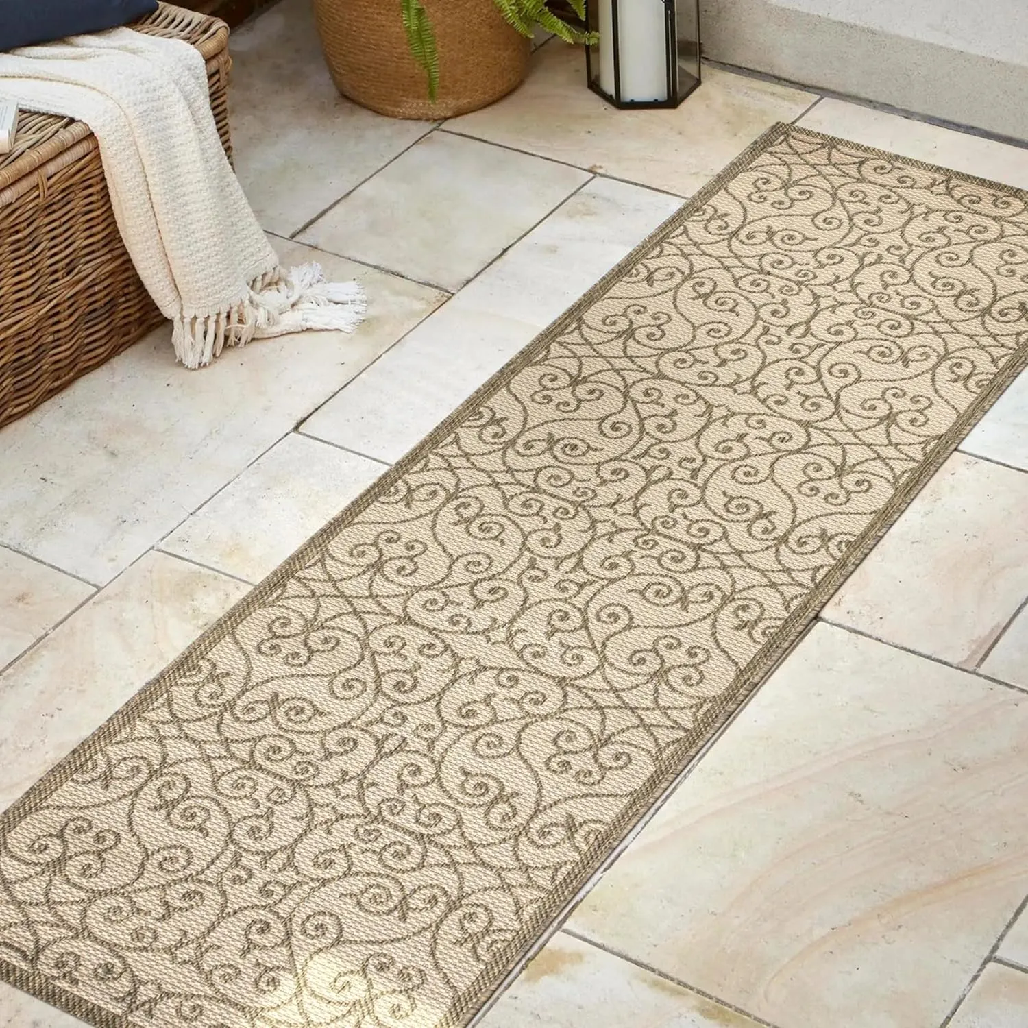 JONATHAN Y SMB107B-28 Madrid Vintage Filigree Textured Weave Indoor Outdoor Runner Rug Classic Coastal Easy-Cleaning Bedroom Kitchen Backyard Patio Non Shedding, 2 X 8, Beige/Brown