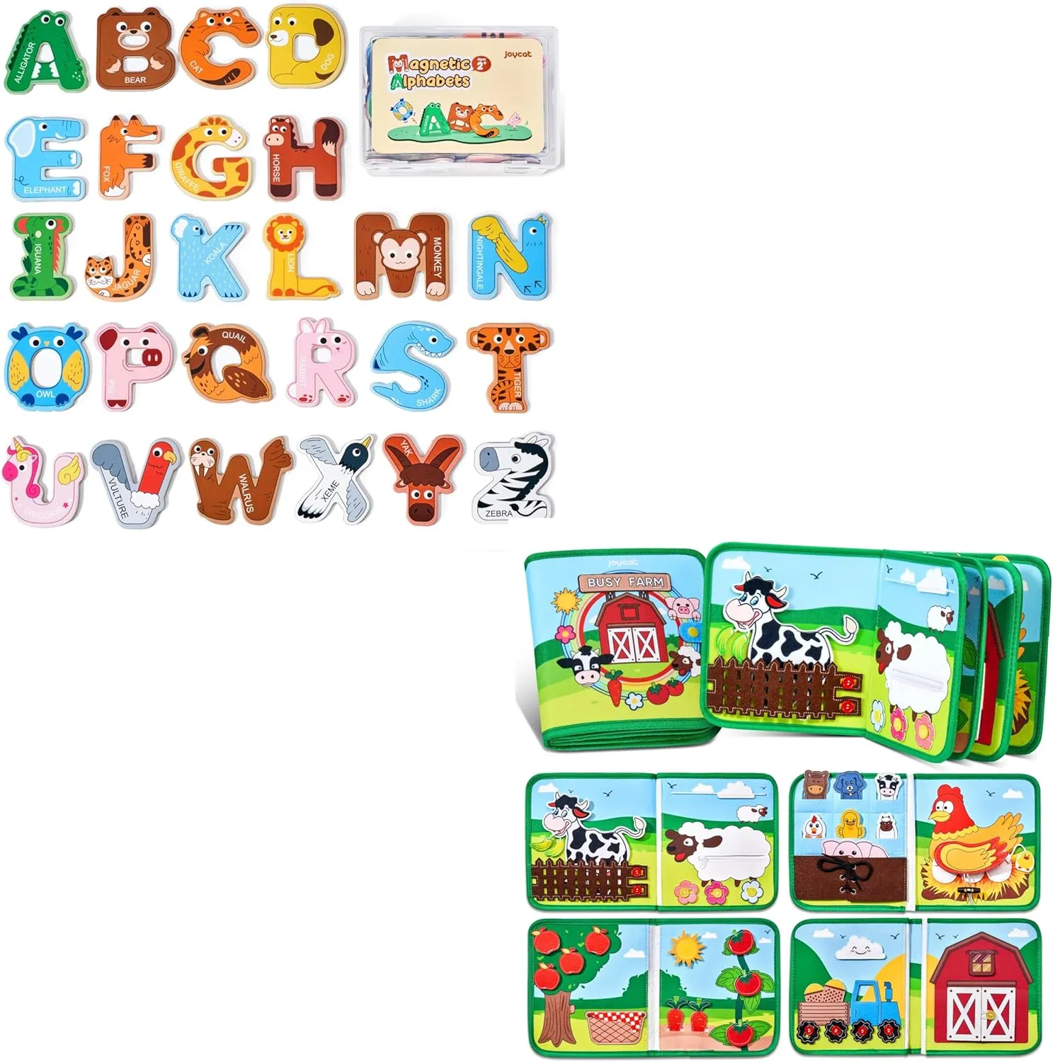 JoyCat Wooden Thick Alphabet Magnet Farm Animal Busy Book for Toddlers Kindergarten Montessori Busy Board for 1 2 3 4 Year Old Boy Girl Birthday Gift - Pre K Preschool Learning Activities Book,
