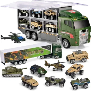 Joyfia 10 in 1 Die-cast Military Vehicle Toy, Army Transport Car Carrier Toy for Boys & Kids, Truck Toy with Mini Battle Cars Playsets, Gift for 3  Years Old Toddlers, Party Supplies