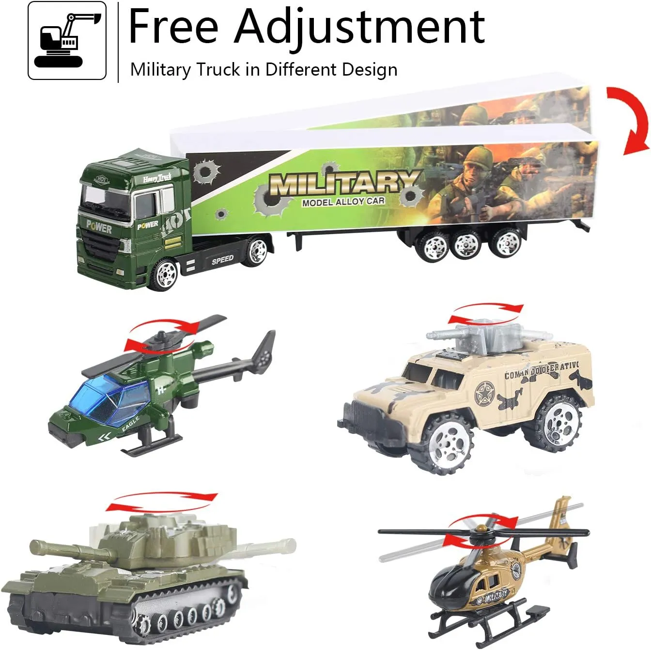 Joyfia 10 in 1 Die-cast Military Vehicle Toy, Army Transport Car Carrier Toy for Boys & Kids, Truck Toy with Mini Battle Cars Playsets, Gift for 3  Years Old Toddlers, Party Supplies