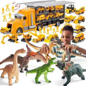 JOYIN 25 in 1 Construction Truck Vehicle Toy Set and Big Dinosaur Toys for Toddlers, Play Vehicles Set with Sounds and Lights in Truck, 6 Piece Large Soft Dinosaur Figures with an Educational Book