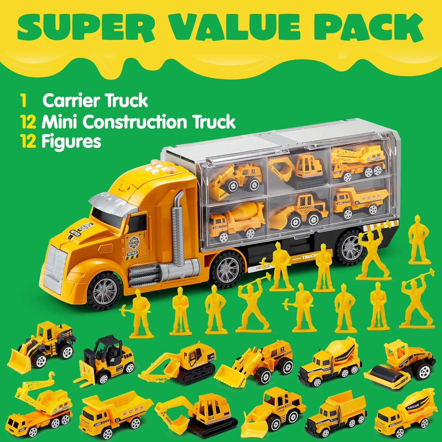 JOYIN 25 in 1 Die-cast Construction Play Vehicle Set, Vehicles with Sounds and Lights in Carrier Truck, Push and Go Car Toy, Kids Birthday Gifts for Over 3 Years Old Boys