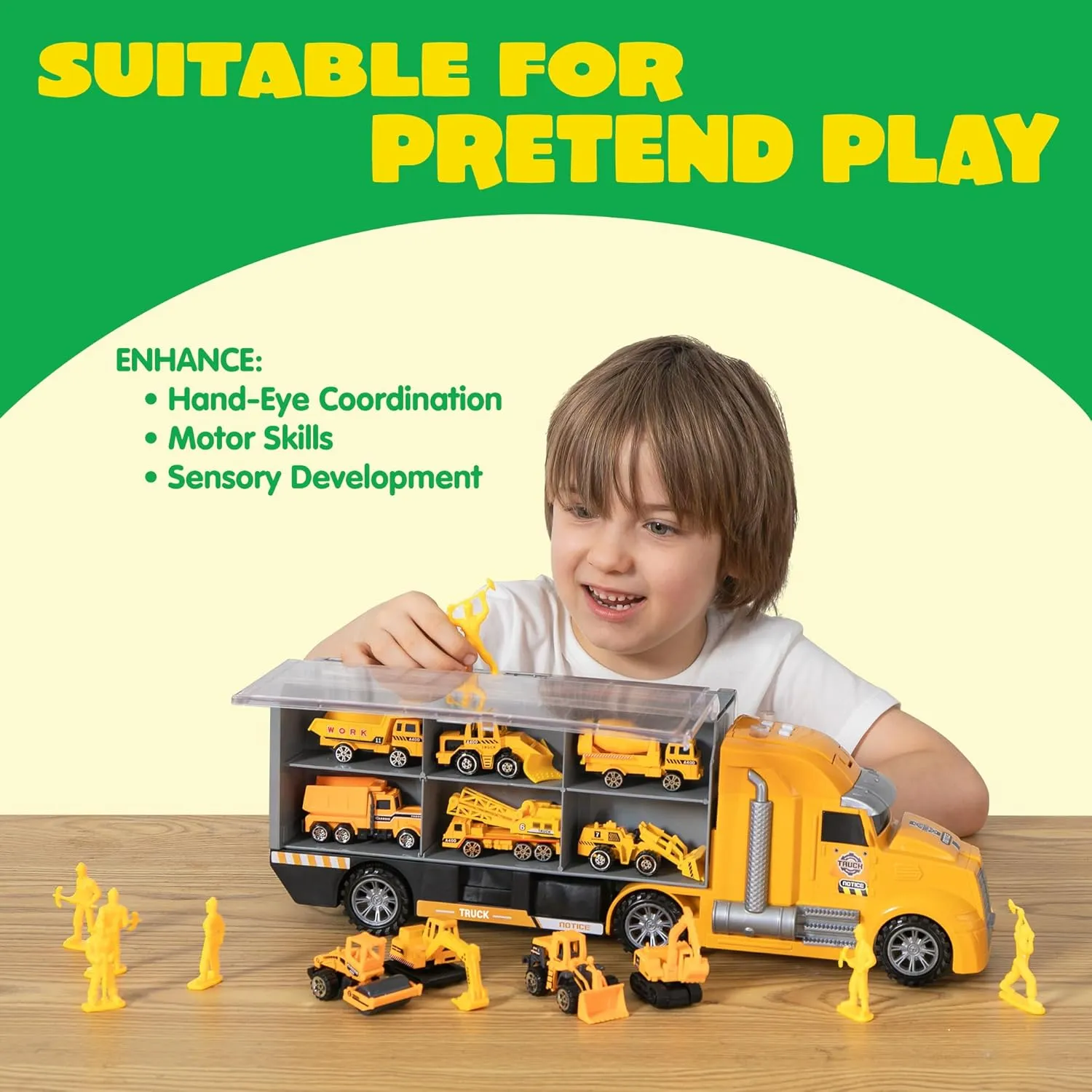 JOYIN 25 in 1 Die-cast Construction Play Vehicle Set, Vehicles with Sounds and Lights in Carrier Truck, Push and Go Car Toy, Kids Birthday Gifts for Over 3 Years Old Boys