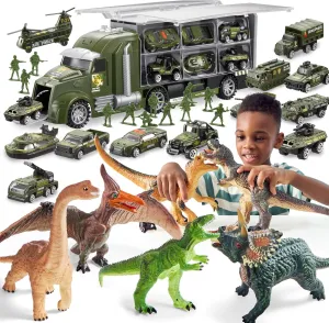 JOYIN 25 in 1 Green Military Big Truck Toys and Big Dinosaur Toys for Toddlers, Army Men Tanks Set with Soldier Men, 6 Piece Large Soft Dinosaur Figures with an Educational Book