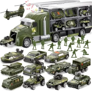 JOYIN 25 in 1 Green Military Big Truck Toys, Army Men Tanks Set with Soldier Men, Mini Battle Car Toy in Carrier Truck with Lights and Sounds, Gifts for Toddler Kids Boys Ages 3 