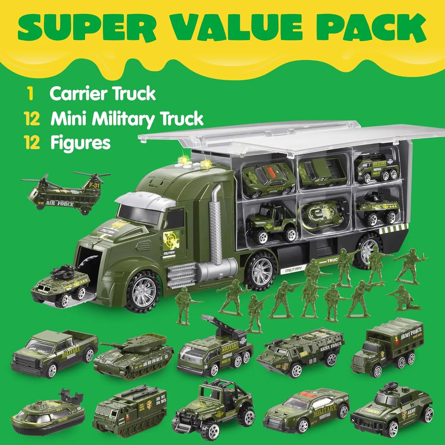 JOYIN 25 in 1 Green Military Big Truck Toys, Army Men Tanks Set with Soldier Men, Mini Battle Car Toy in Carrier Truck with Lights and Sounds, Gifts for Toddler Kids Boys Ages 3 