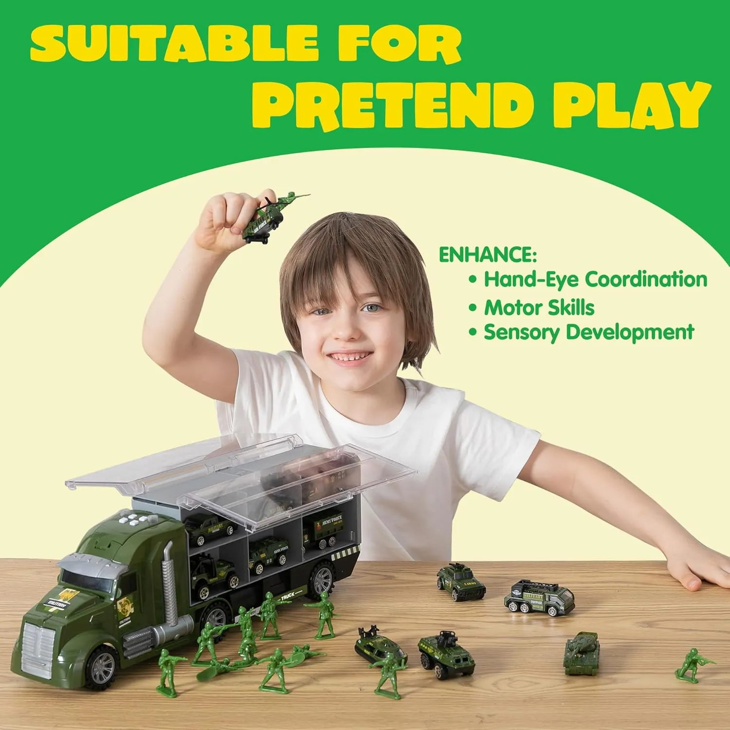 JOYIN 25 in 1 Green Military Big Truck Toys, Army Men Tanks Set with Soldier Men, Mini Battle Car Toy in Carrier Truck with Lights and Sounds, Gifts for Toddler Kids Boys Ages 3 