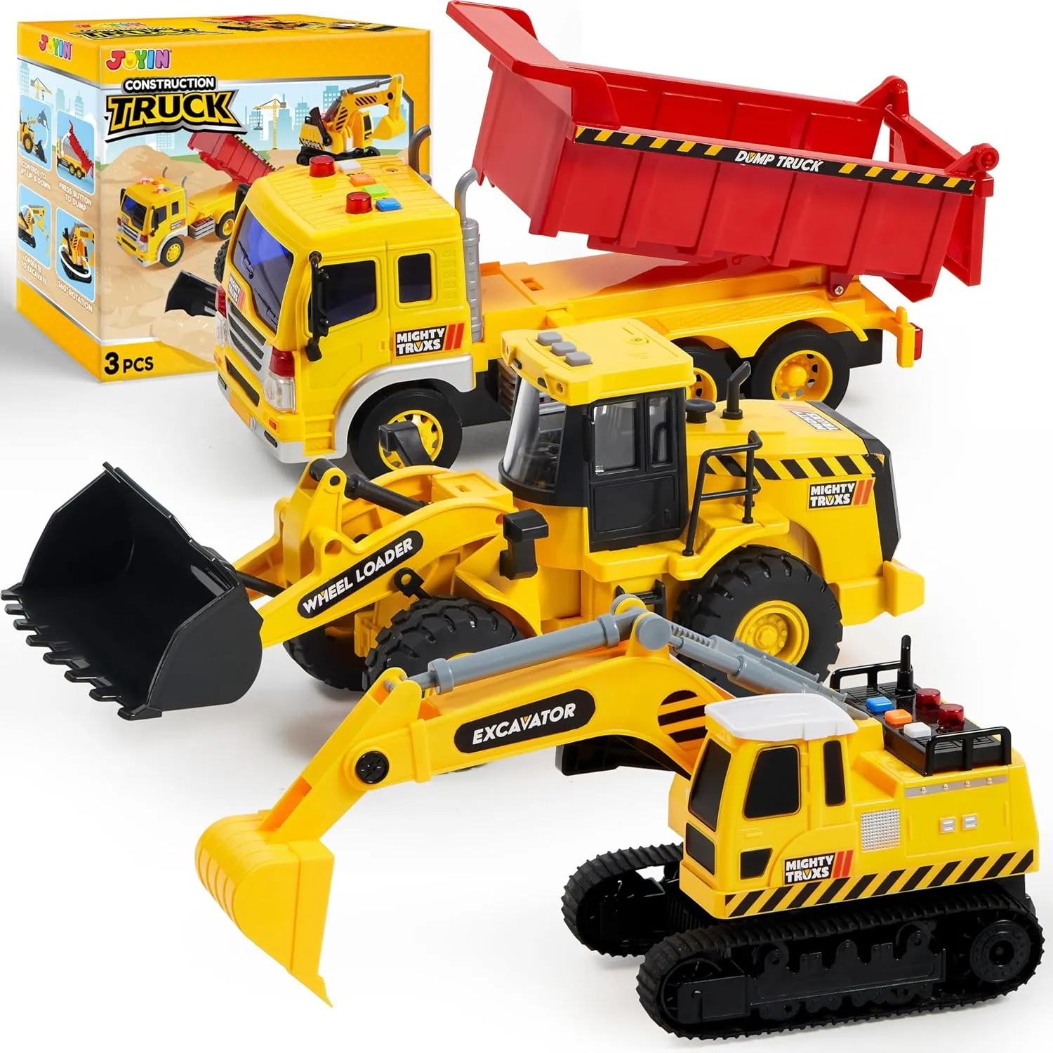 JOYIN 3 Pack Construction Toy - Excavator, Dump Truck and Loader, Moveable Claw & Lifting Back, Construction Truck Toy, Christmas Borthday Gift for Toddler Boys Kids