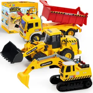 JOYIN 3 Pack Construction Toy - Excavator, Dump Truck and Loader, Moveable Claw & Lifting Back, Construction Truck Toy, Christmas Borthday Gift for Toddler Boys Kids