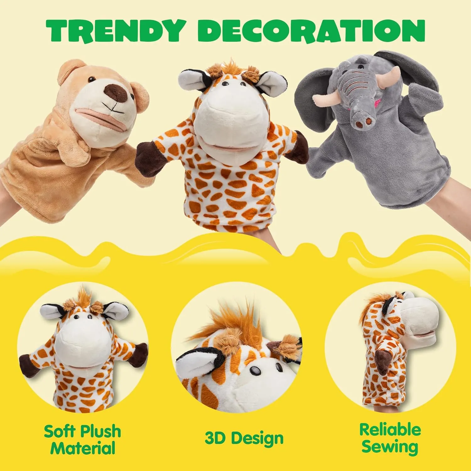 JOYIN 6Pcs Kids Hand Puppet Set with Working Mouth, Toddler Animal Plush Toy Includes Elephant, Giraffe, Lion, Bear, Raccoon and Monkey for Show Theater, Birthday Gifts, Easter Basket Stuffers