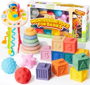 JOYIN Baby Toys - Montessori Toys for Babies 6-12 Months, Food-Grade Sensory Present Infant Stacking Circles Teether, Blocks, 3D Stress Balls, Pull String, Learning Gifts for Baby Girls Boys