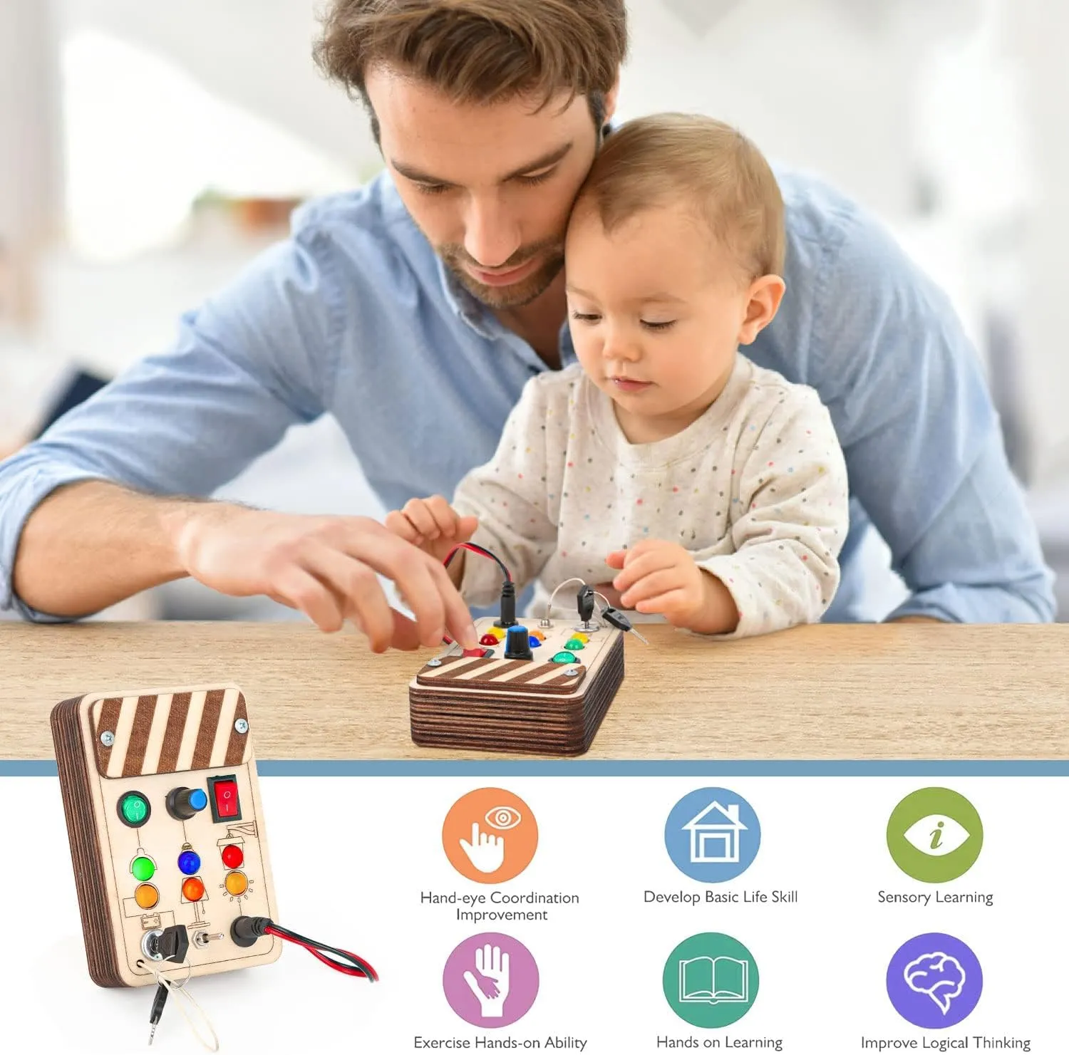 Joyreal Toddler Busy Board, Wooden Montessori Toys for 2 Year Old, Busy Board Toys with LED Light Switch, Sensory Toys Toddler Toys Age 2 Travel Toys for 2  Year Old Boy