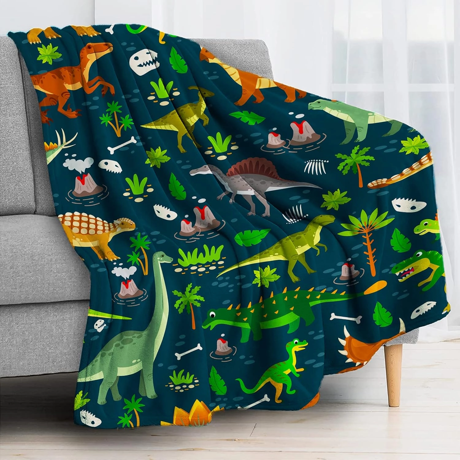 Jungle Dinosaur Throw Blanket Lightweight Flannel Throw Classic Dinosaur Soft Comfy Plush Blanket for Home Decor Perfect for Sofa Office Traveling Camping Home (Jungle Dinosaur,50x60in)