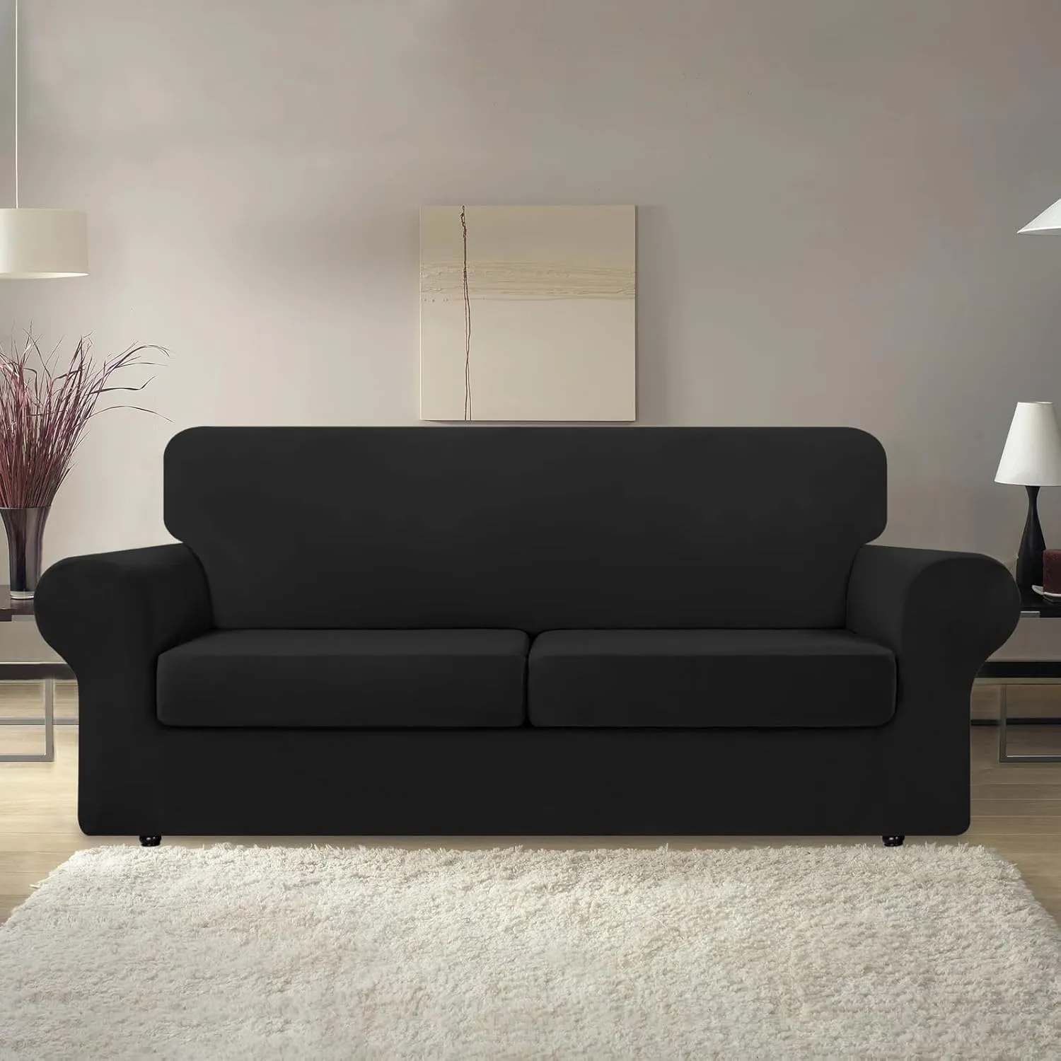 KEKUOU 3 Pieces Stretch Couch Covers for 2 Cushion Couch Sofa pet Friendly， Sofa Covers Washable Soft Elastic Dogs Furniture Protector (Loveseat,Black)